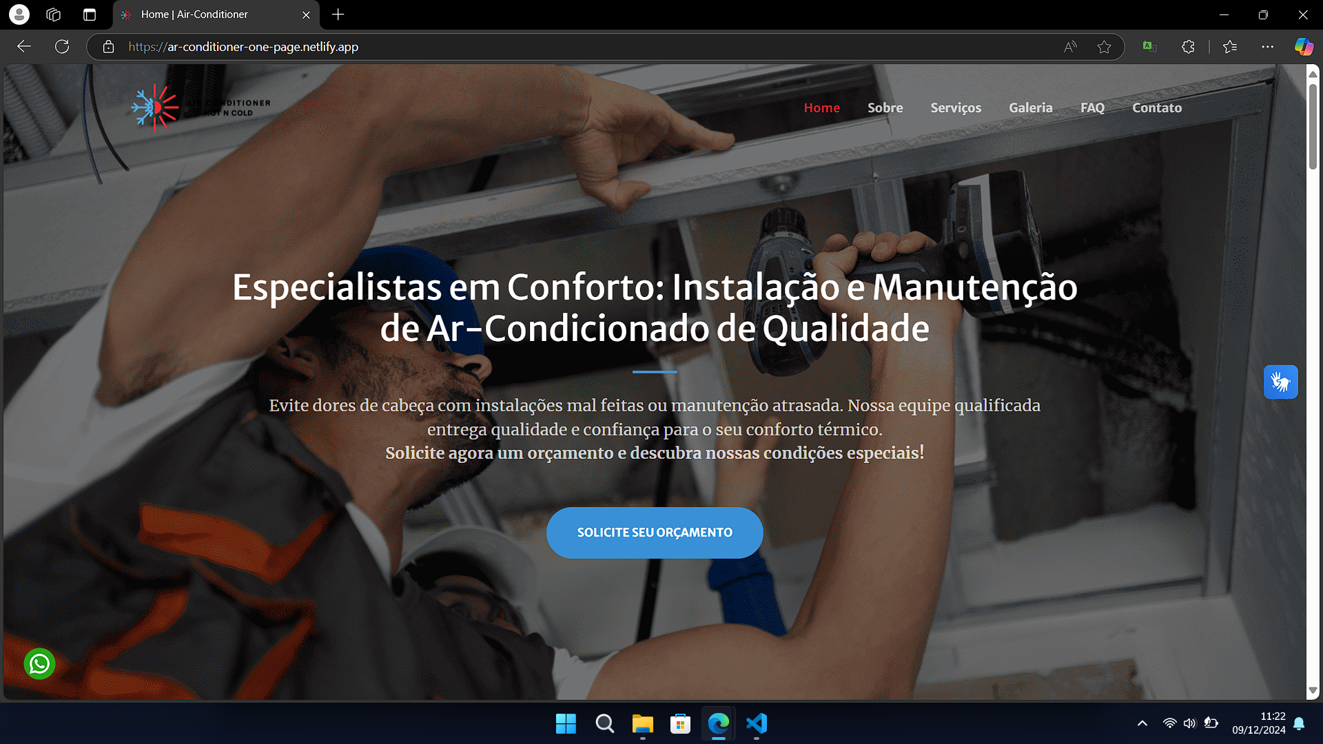 Card sobre um projeto OnePage de uma empresa de ar-condicionado.